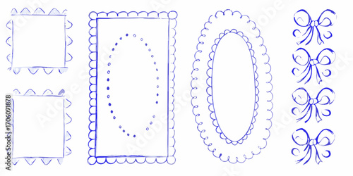 Collection of hand drawn blue decorative borders and frames with scalloped edges and bows on white background