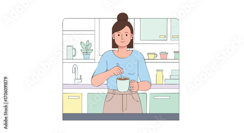 Young woman with a top knot bun stirring a hot drink in a mug in her modern kitchen.