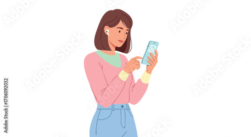 Young woman with brown hair and wireless earbuds using a light blue smartphone.