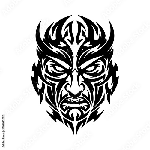 Tribal demon mask angry face tattoo dark art silhouette vector illustration