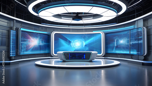 Futuristic news studio with large curved screens and a central desk