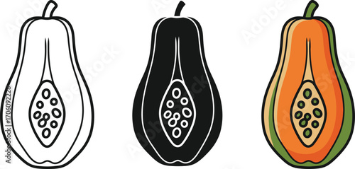 Papaya Fruit Icon Set, Outline, Solid, Colored, Halved, Showing Seeds, Isolated