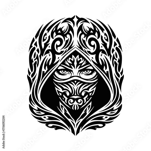 Tribal hooded woman face ornate mask eyes silhouette vector illustration
