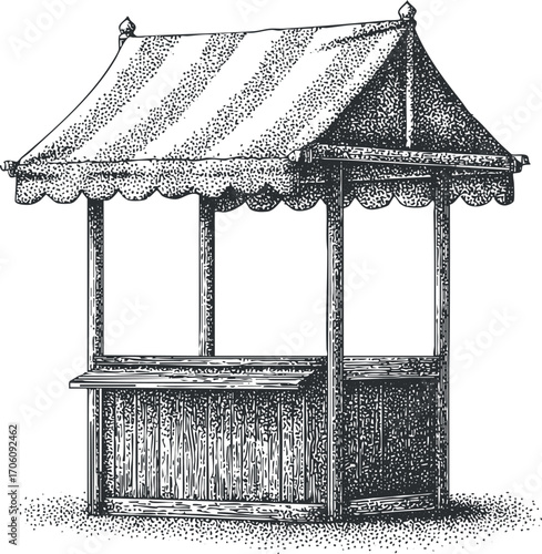 A detailed illustration of a wooden kiosk with a striped canopy for vendors.