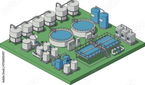 Isometric industrial water treatment plant, wastewater system, filtration tanks, purification, clean water process, eco-friendly, sustainable technology, environmental management