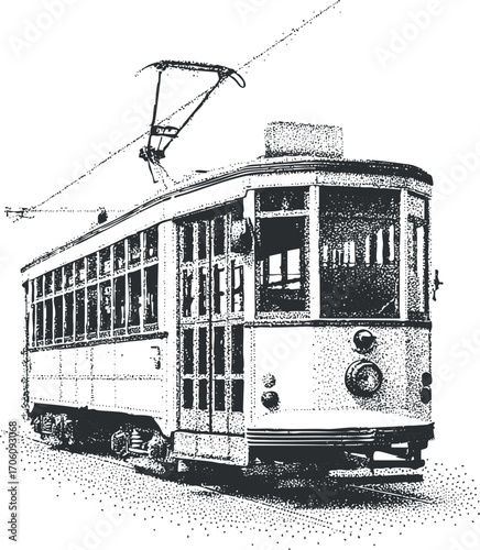 Vintage tram illustration showcasing classic transportation in urban settings and historical contexts.