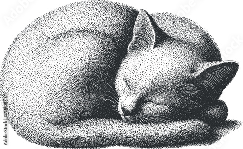 A detailed illustration of a sleeping cat curled up in a cozy position.