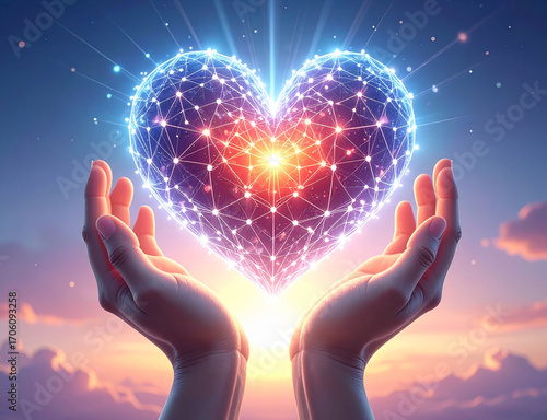 Futuristic glowing digital heart symbol made of neural network connections, held in human hands against colorful sunset sky, representing love, health, technology and hope for the future