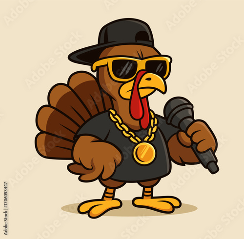 Turkey rapper cartoon character. Vector illustration for Thanksgiving. Cool Turkey bird in glasses and cap.