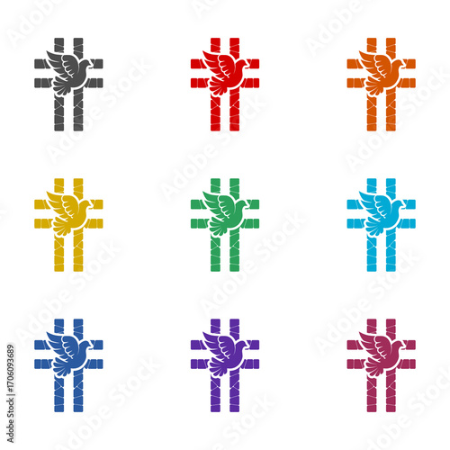 Dove and Christian cross  icon isolated on white background. Set icons colorful