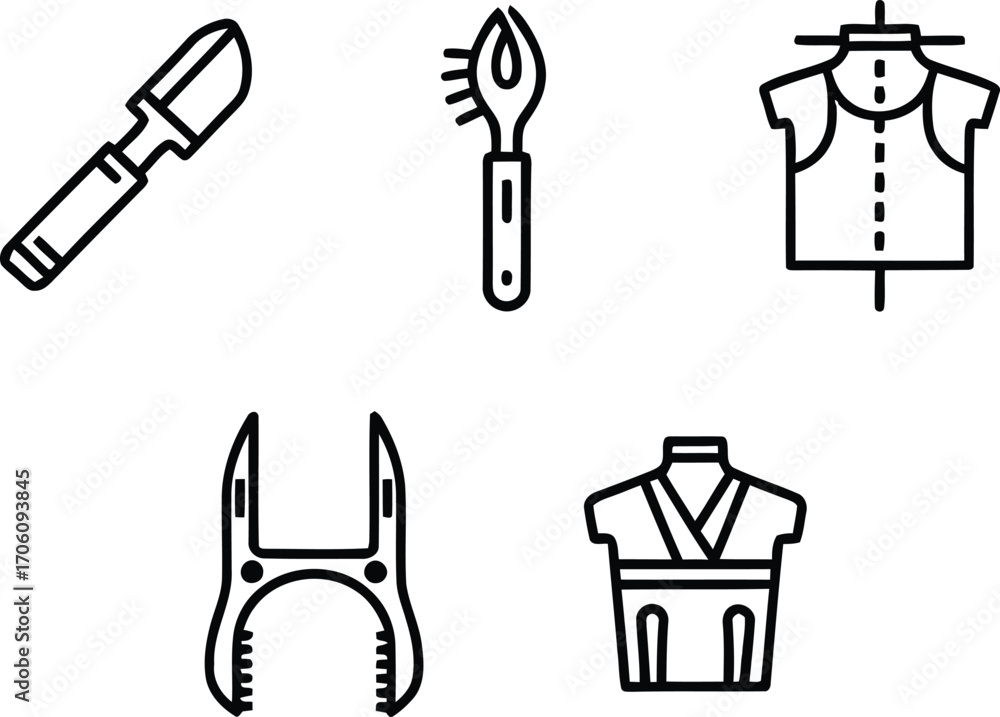 Fototapeta premium Sewing and Tailoring Tools | Dress Form, Seam Ripper, Tracing Wheel | Line Art Vector | Black and White Illustration.