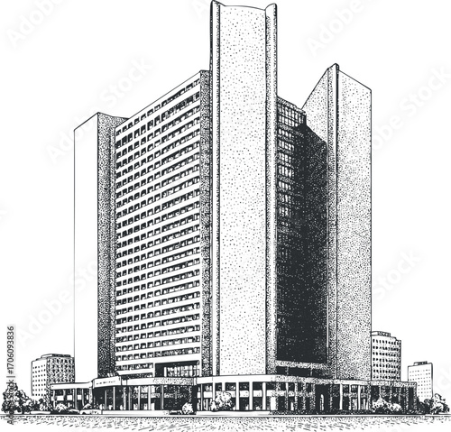 A detailed illustration of a modern office building showcasing contemporary architectural design.