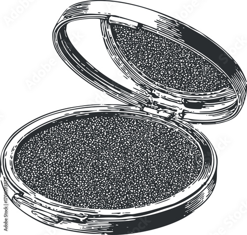 Illustration of an open compact makeup case showing powder and mirror inside