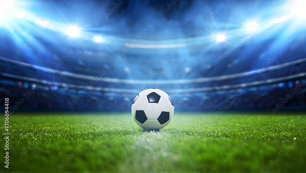 Naklejka premium Soccer ball on a vibrant green field under bright stadium lights during a thrilling night game.