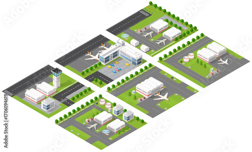 Isometric airport modules showing control tower, hangars, and airplanes