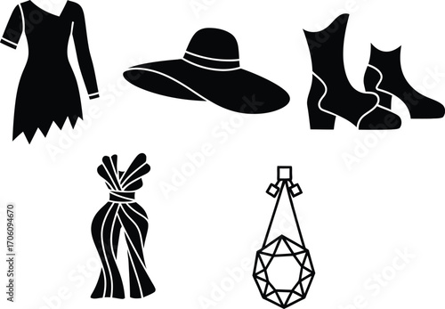 Women’s Fashion Silhouettes | Dress, Hat, Boots, Jewelry | Elegant Vector | Black Illustration.