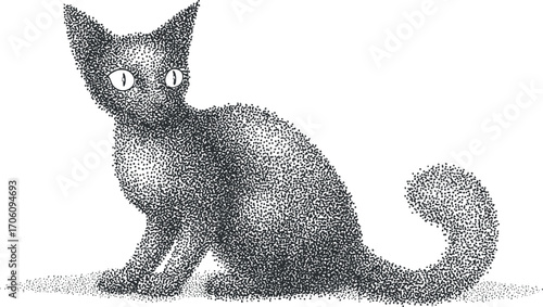 A stylized illustration of a cute black cat with large expressive eyes sitting elegantly.