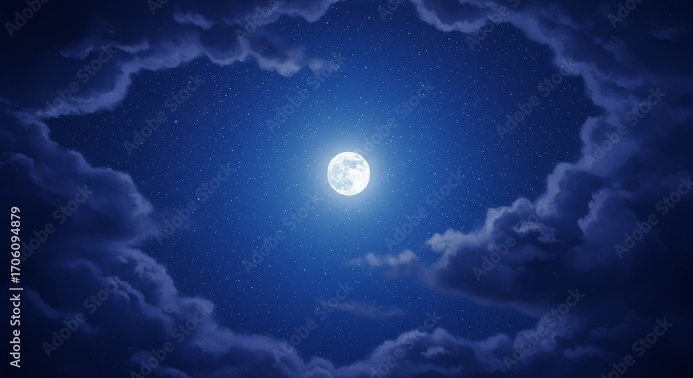 Obraz premium Full bright moon shining in dark night sky framed by dramatic cloud. Astronomical phenomenon for backdrop, poster, or mystical night concept.