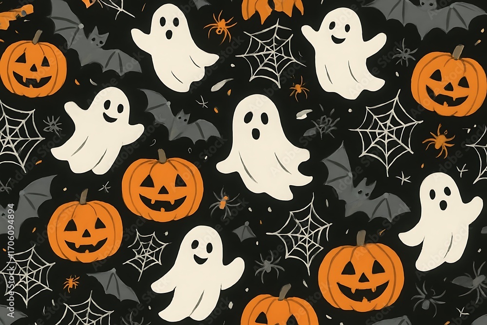 Naklejka premium Halloween Extravaganza Spooky Ghost & Pumpkin Pattern Design with Bats and Cobwebs, A Whimsical Celebration of Halloween's Charm