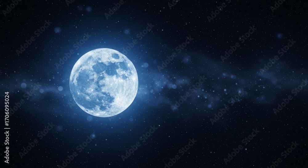 Naklejka premium Full moon shining brightly space. Astronomical view of satellite in universe. Night sky background with shining stars for astrology science.