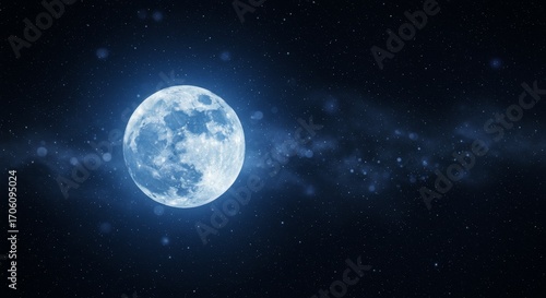 Full moon shining brightly space. Astronomical view of satellite in universe. Night sky background with shining stars for astrology science.