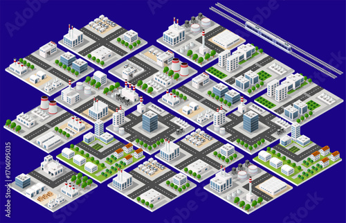 Industrial city blocks expanding with factories, offices, and railway passing through