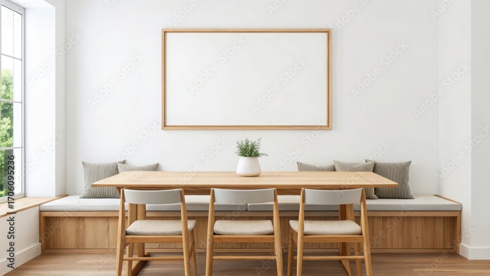 Fototapeta premium Modern dining room with a wooden table, chairs, and a large empty picture frame on the wall