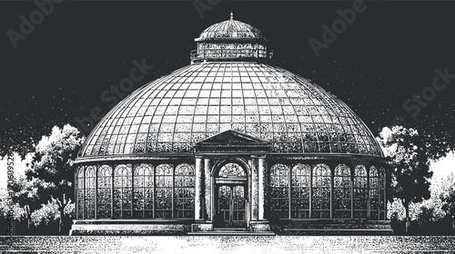 An elegant glass dome greenhouse showcasing intricate architecture and a serene natural environment.