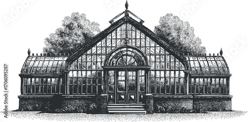 A detailed vintage illustration of a greenhouse showcasing ornate architecture and lush surroundings.