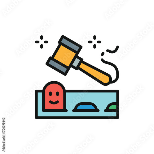 Cartoon illustration of a mallet striking a toy with smiling faces