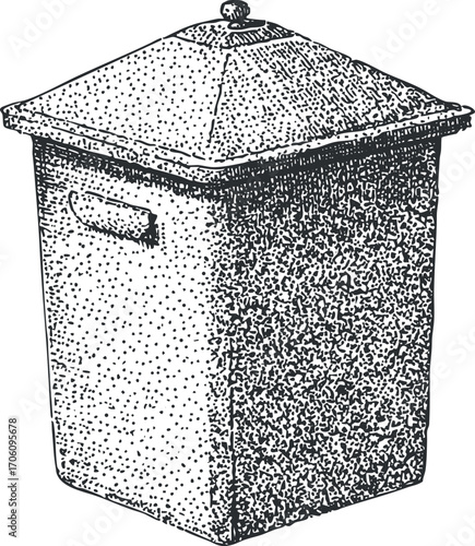 A vintage illustration of a square trash bin with a lid, ideal for waste disposal.