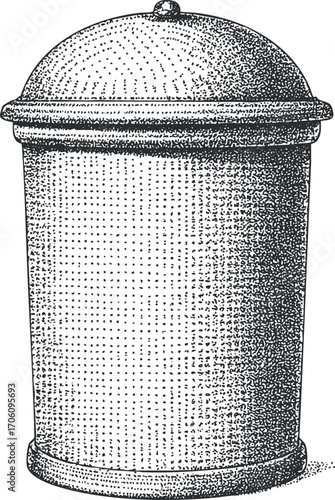 Vintage round container illustration with a domed lid for waste or storage purposes.
