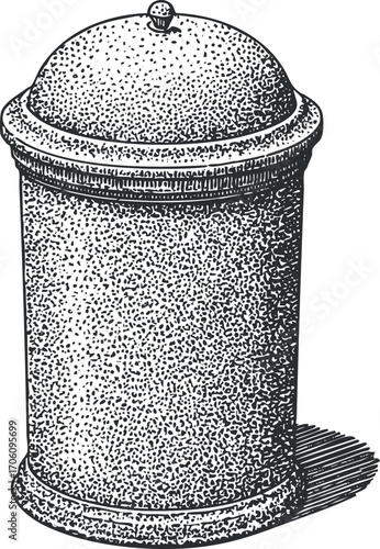 Vintage illustration of a round trash bin with a lid for waste disposal purposes.