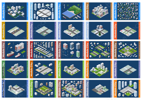 Modular city buildings representing urban infrastructure development growing