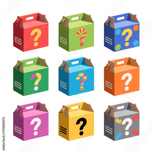 Colorful Mystery Boxes Set Vector. Multiple blind gift packages with question marks, flat icon collection on transparent background. Blind box concept, surprise giveaway, random gifts