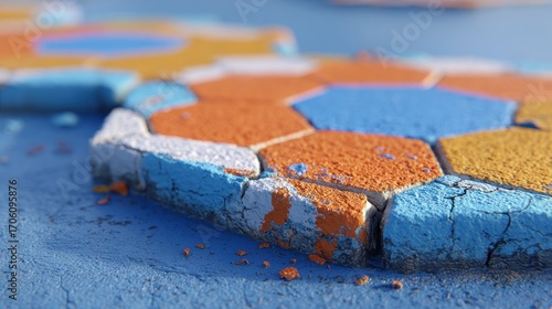 Close-up shows colorful honeycomb tiles on a blue surface, some chipped with wear. Hexagonal shapes boast orange, blue, and yellow hues with a rough, tactile texture