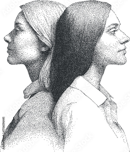 Artistic illustration of two women in profile view showcasing contrast and beauty in monochrome.