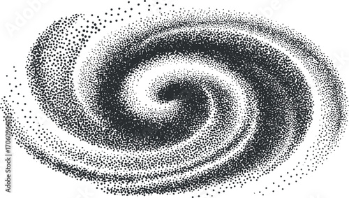 A stylized representation of a spiral galaxy with swirling dots creating a cosmic effect