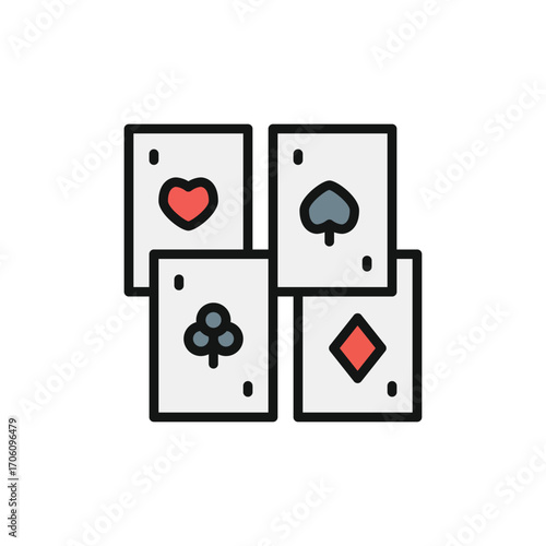 Four playing cards stacked and showing heart spade club and diamond suits