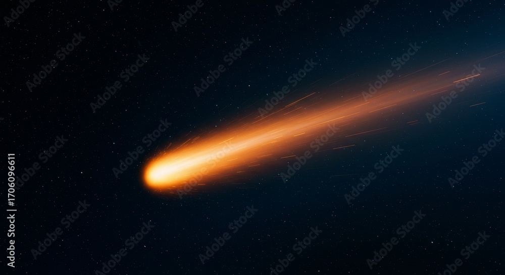 Fototapeta premium Bright comet or meteorite with orange fiery tail streaking across a dark starry night sky. Astronomical phenomenon concept for space background design