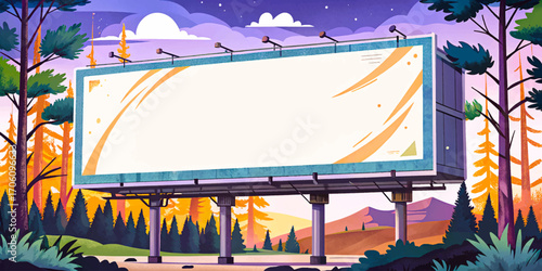 Giant white billboard banner in forest clearing, natural outdoor mockup, wilderness scenic landscape, rustic solitude surface, dramatic horizon placement, creative advertising background vector