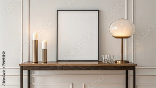 Elegant console table with empty frame, candles, and lamp in a sophisticated interior setting
