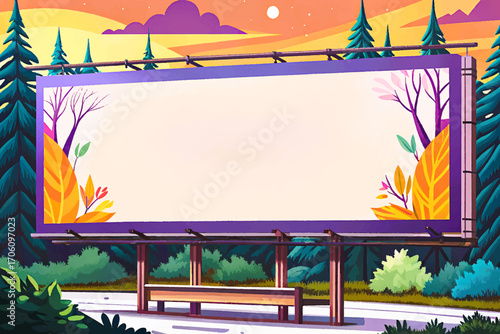 Giant white billboard banner in forest clearing, natural outdoor mockup, wilderness scenic landscape, rustic solitude surface, dramatic horizon placement, creative advertising background vector