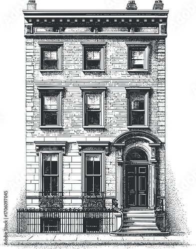 A detailed illustration of a classic historic townhouse with ornate architectural features.