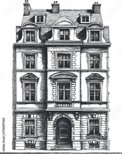 A vintage architectural illustration of a classic building facade with detailed windows and doors.