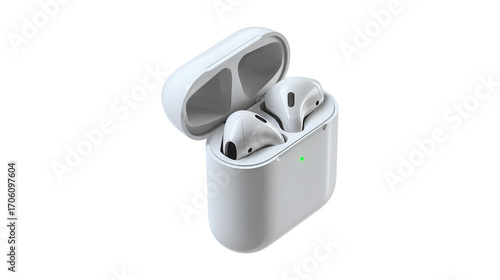White Apple AirPods in charging case wireless earbuds technology audio music listening device