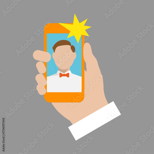 Taking a Selfie Illustration of a Hand Holding a Phone with a Person Inside