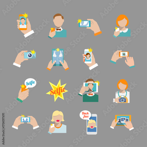 Vector illustration set of modern self-portrait and mobile photography icons set