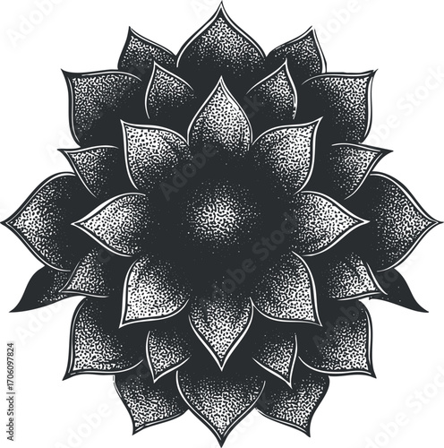 Detailed black and white illustration of an ornamental flower design with symmetrical petals.