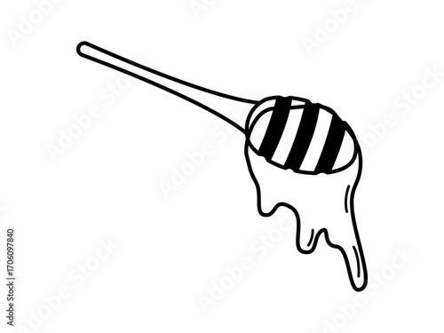 Honey spoon doodle icon. Sketch of wooden Stick with syrup drip. Hand drawn vector illustration on a white background.
